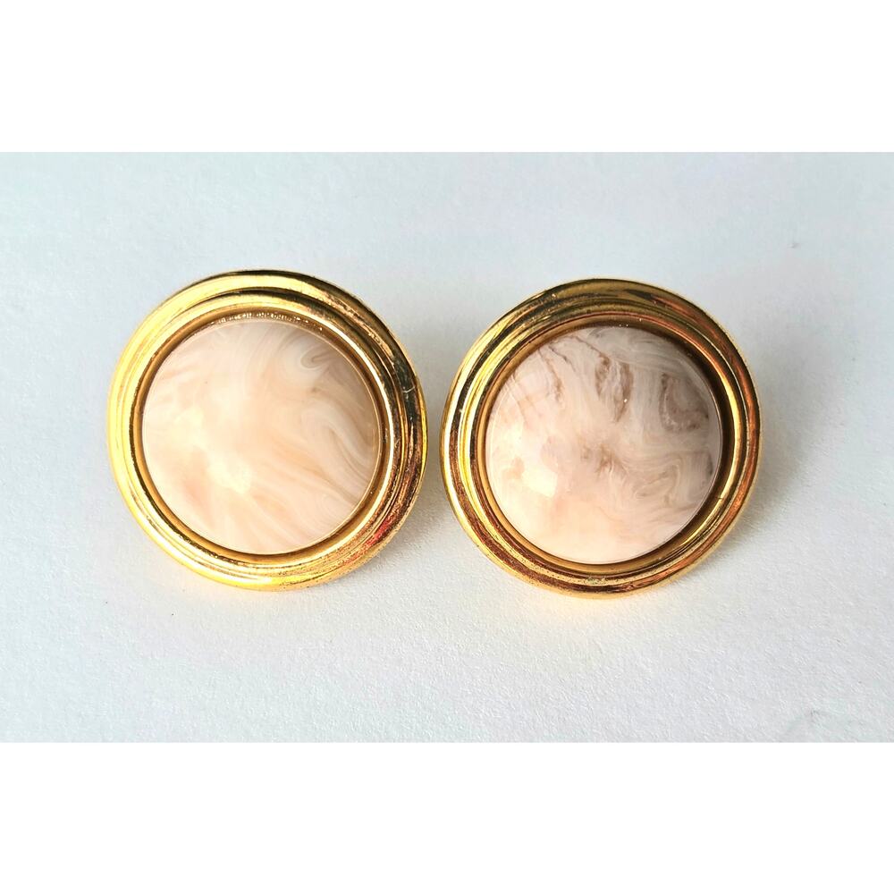 Vintage Napier Gold Tone Faux Marble Cream Pink Pierced Post Earrings